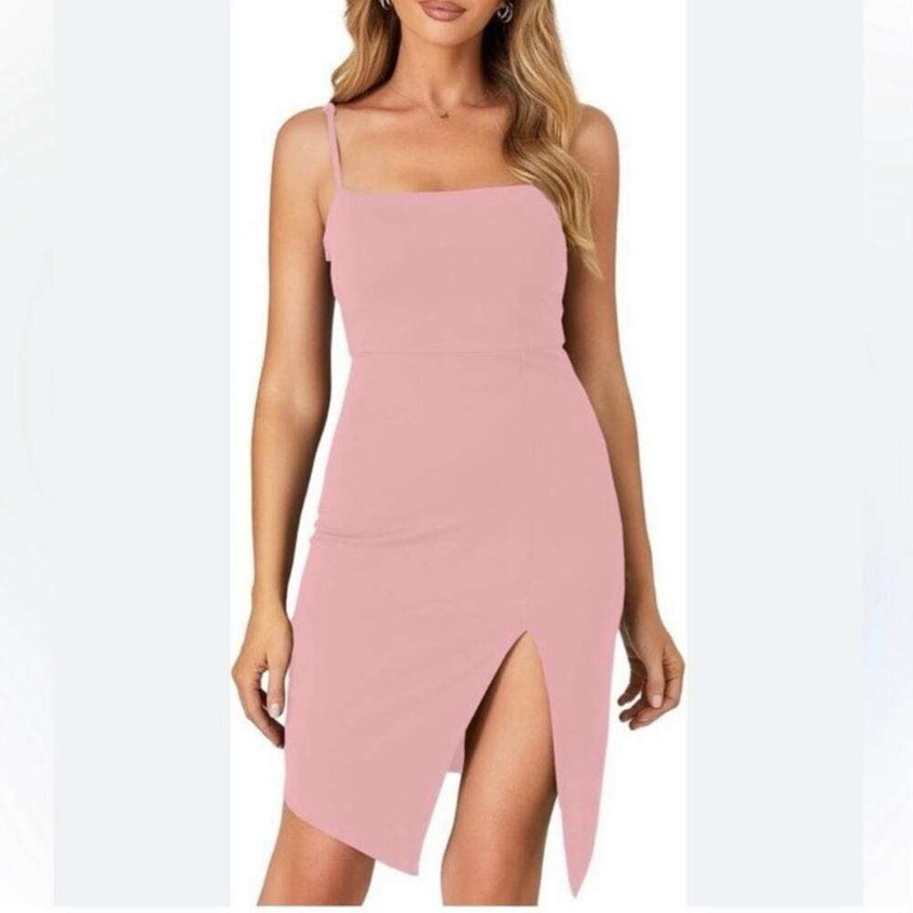 Lyaner Pink Spaghetti Strap Bodycon Dress Side Slit Midi Dress Small